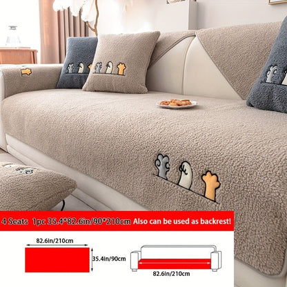 Sofa Cover Thick Plush Shearling Panels with Animal and Bone Embroidery and Non-Slip Feature for 2 to 4 Seats