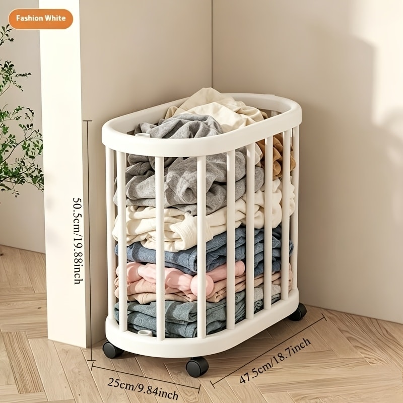 Slim Rolling Laundry Hamper in White with Tall Narrow Basket Design for Bathroom, Bedroom or Closet Storage