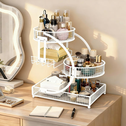 Three-Tier Metal Makeup Organizer with Round Baskets, Tissue Holder and White Iron Frame Design