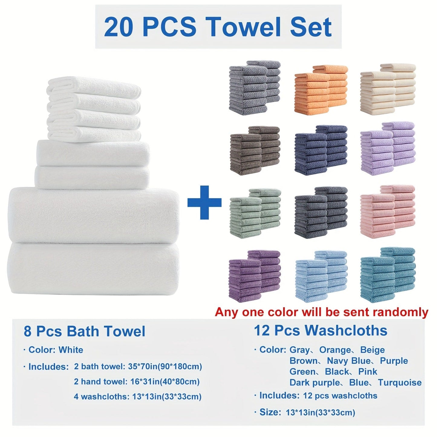 Twenty-Piece Bath Towel Set with Eight Large Towels and Twelve Washcloths in Ten Exact Color Options