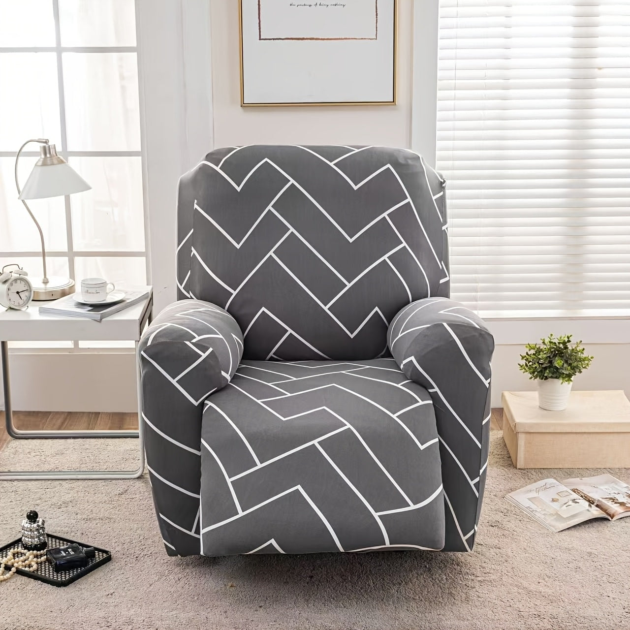 Recliner Slipcover Set, Four-Piece Polyester-Spandex Cover with Side Pocket in Ten Printed Options