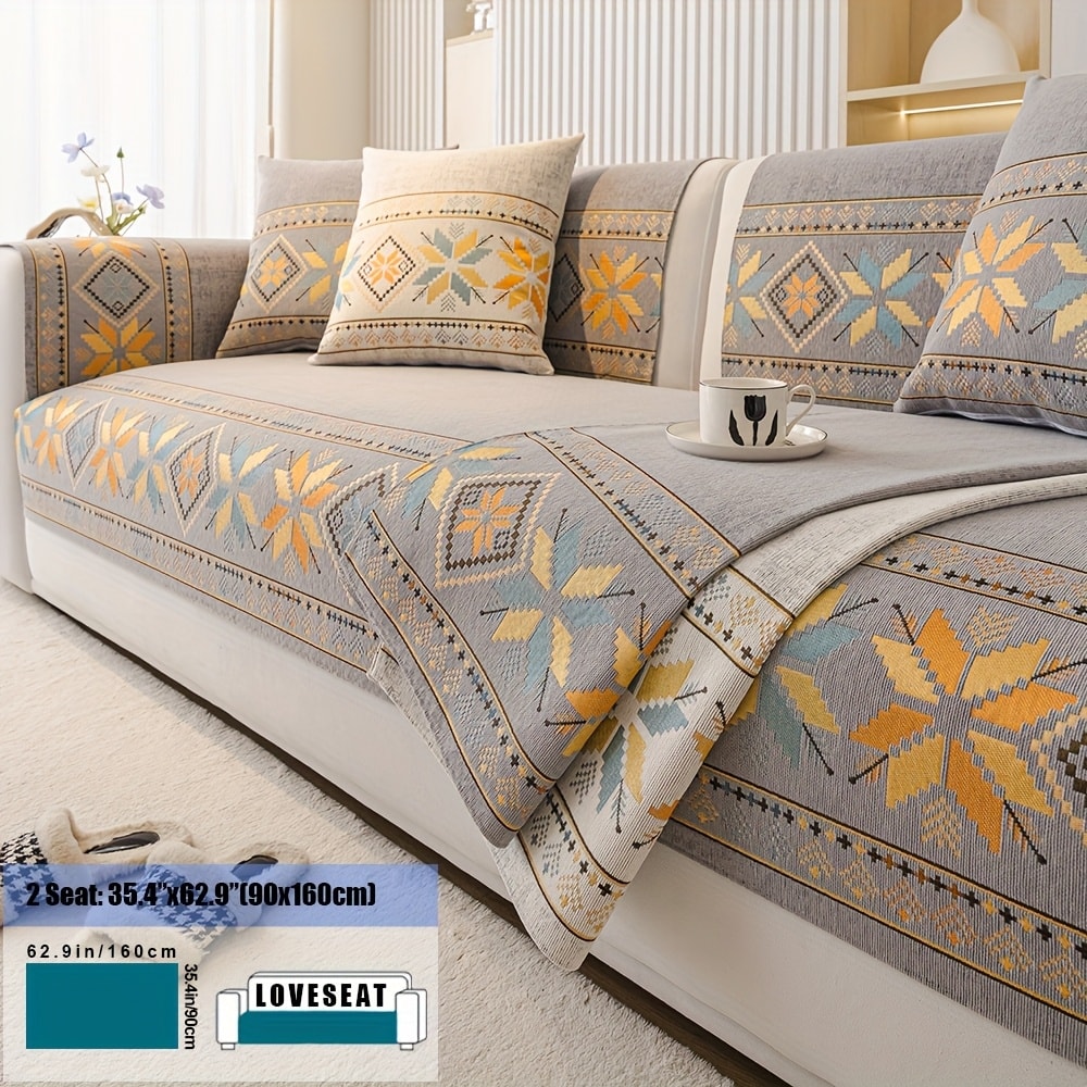 Sofa Cover, Chenille Bohemian-Style Couch Pad in Three Colors with Armrest and One-to-Four-Seat Sizes