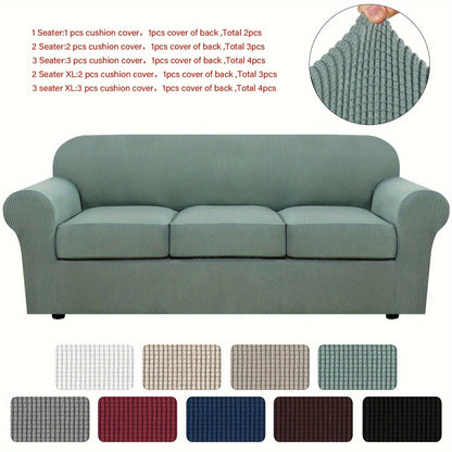 Sofa Cover Grid Jacquard Elastic Full-Cover Slipcover with Anti-Slip Fit for 1 to 3 Seats and XL Sofas
