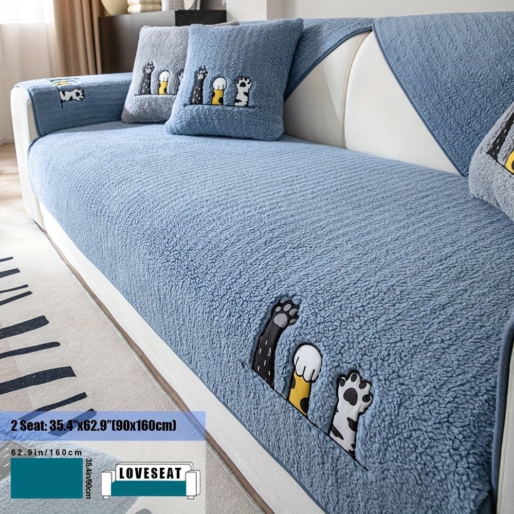 Sofa Cover, Sherpa Plush Cat-Paw Embroidered Seat Pad with Non-Slip Backing in Four Colors and Seven Sizes