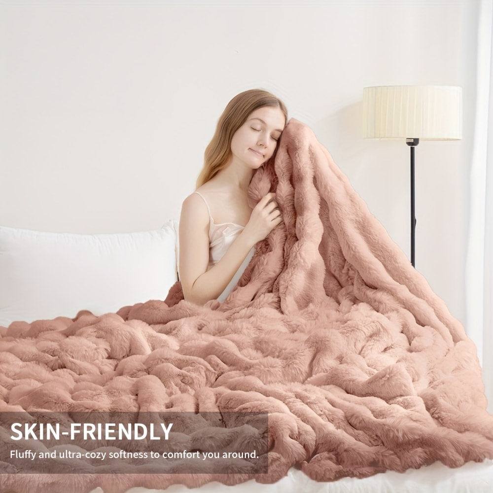Faux Rabbit Fur Fluffy Blanket – Thick Warm Soft Plush Throw for Bed & Living Room, Luxury Furry Blanket, 8 Colors, 4 Sizes