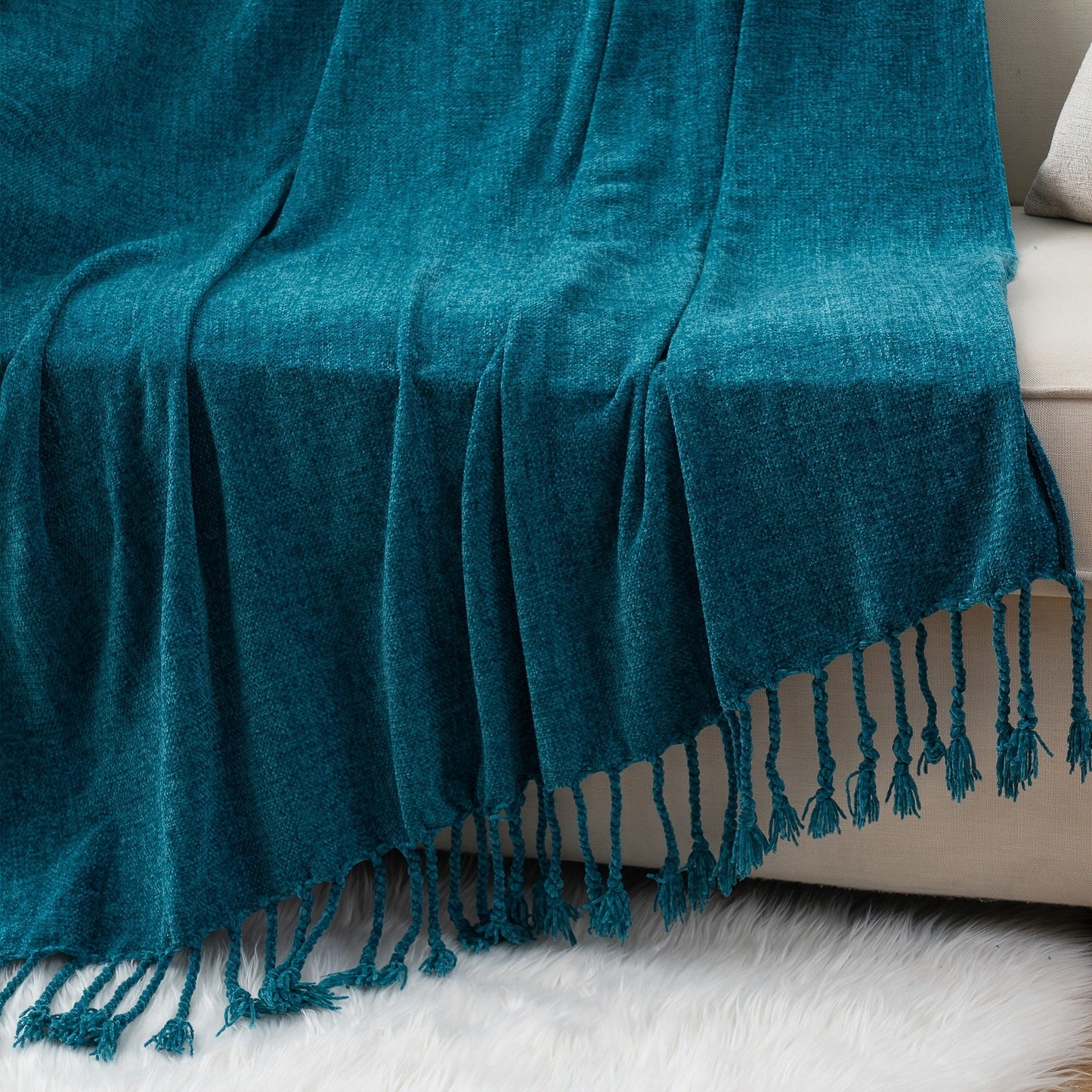 Chenille Fringe Throw Blanket – 180-200gsm Velvety Soft Decorative Throw for Sofa & Couch, Home Decor, 50”×60”, 17 Colors