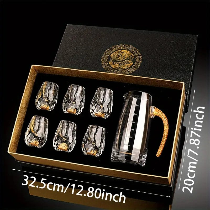 24K Gold Plated Crystal Wine Set – 1 Decanter & 6 Cups with Leakproof Crystal Glasses – Elegant Black Gift Box – Luxury Home Bar, Wedding & Party Gift for Wine Lovers