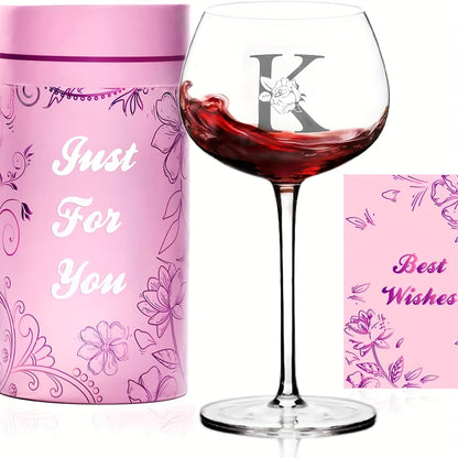 Initial Wine Glass Gift Set with 18 Checkout Letters, 14-Ounce Bowl, Presentation Box and Card