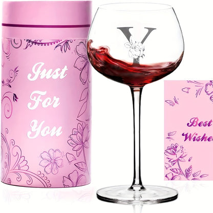 Initial Wine Glass Gift Set with 18 Checkout Letters, 14-Ounce Bowl, Presentation Box and Card