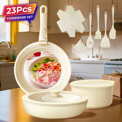 Cookware Set, 23- or 27-Piece Detachable-Handle Pots and Pans with Beige or Pink Finish, Induction, Oven and Dishwasher Use