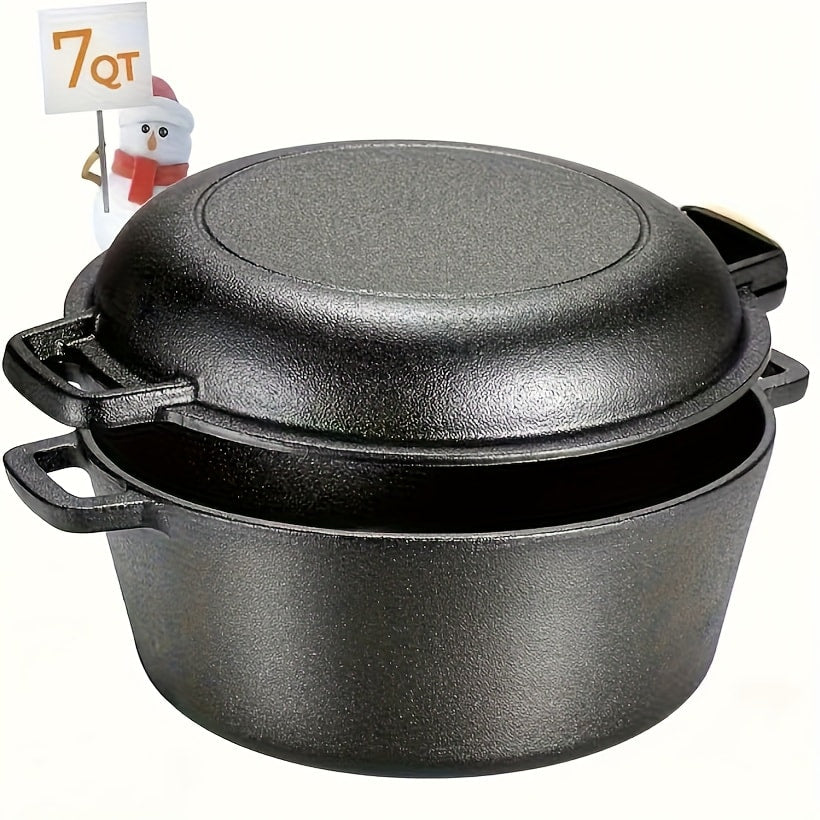 Cast Iron Dutch Oven Set 5.1QT & 7QT with Skillet Lid – Pre-Seasoned 2-in-1 Cookware for Stovetop, Induction, Oven, Campfire & BBQ, Sourdough Bread Baking, Frying, Camping