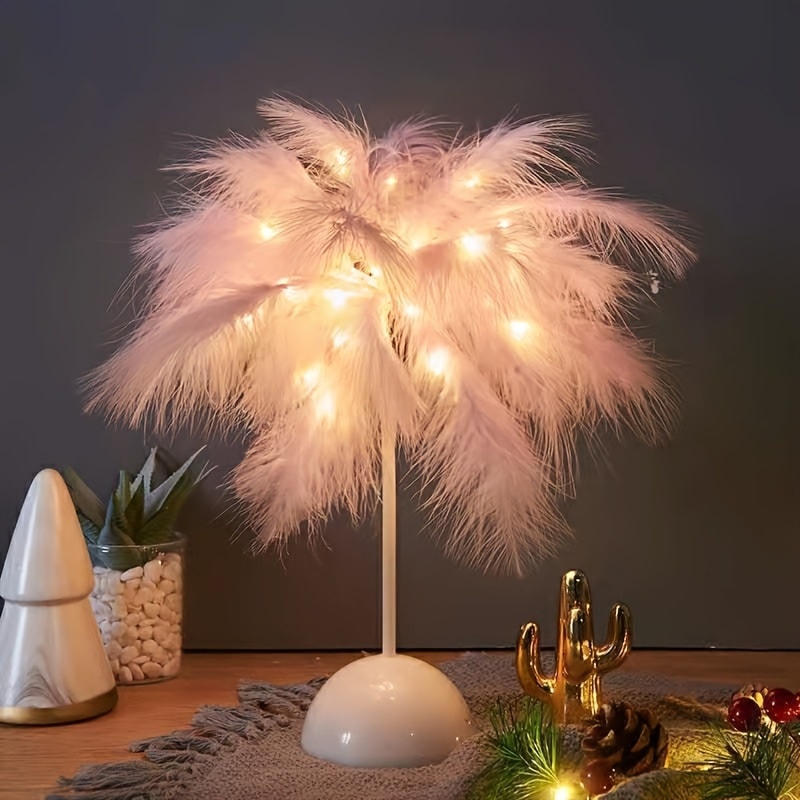 Night Light Feather Table Lamp with 40-Head Copper-Wire LEDs in White, Pink or Two-Piece Pink Options