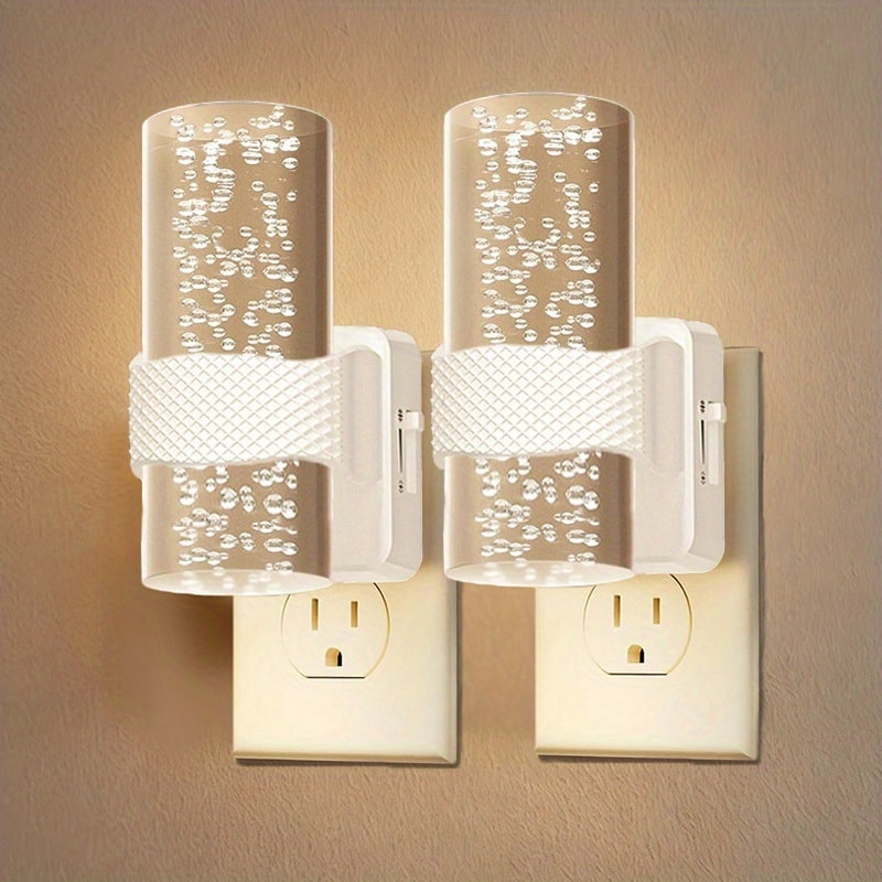 Two-Pack 3000K Plug-In Night Lights with Bubble-Pattern Shades, Light Sensors and Black or White Bases