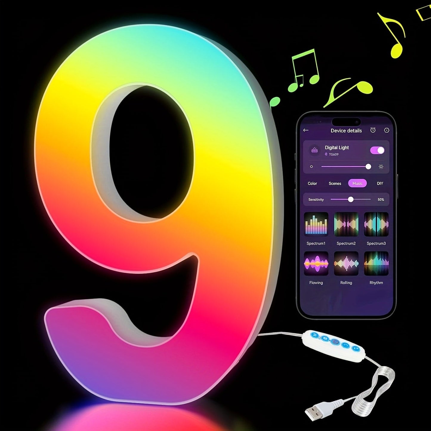 RGB LED Letter and Number Light with 38 Checkout Shapes, USB Power, App Control and Music Sync