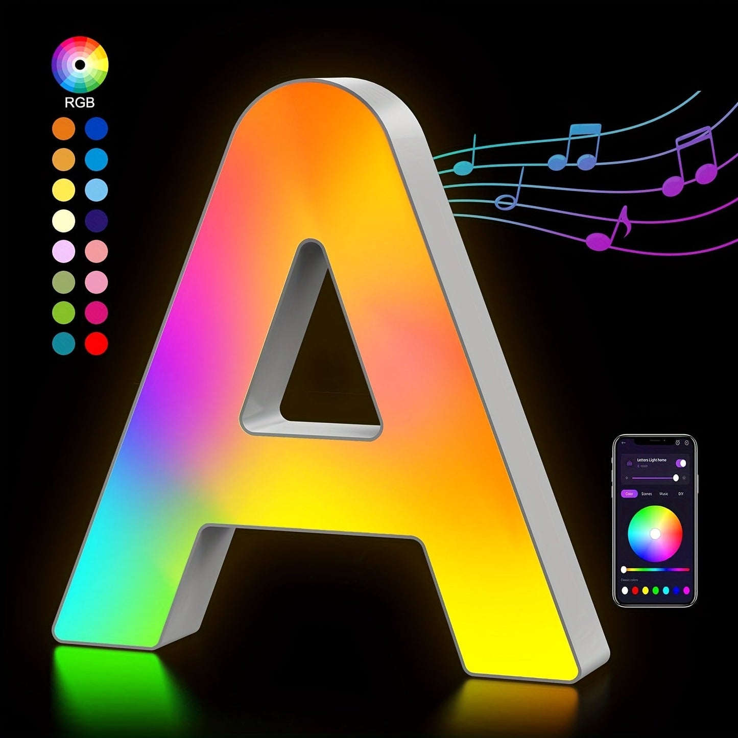 RGB LED Letter and Number Light with 38 Checkout Shapes, USB Power, App Control and Music Sync
