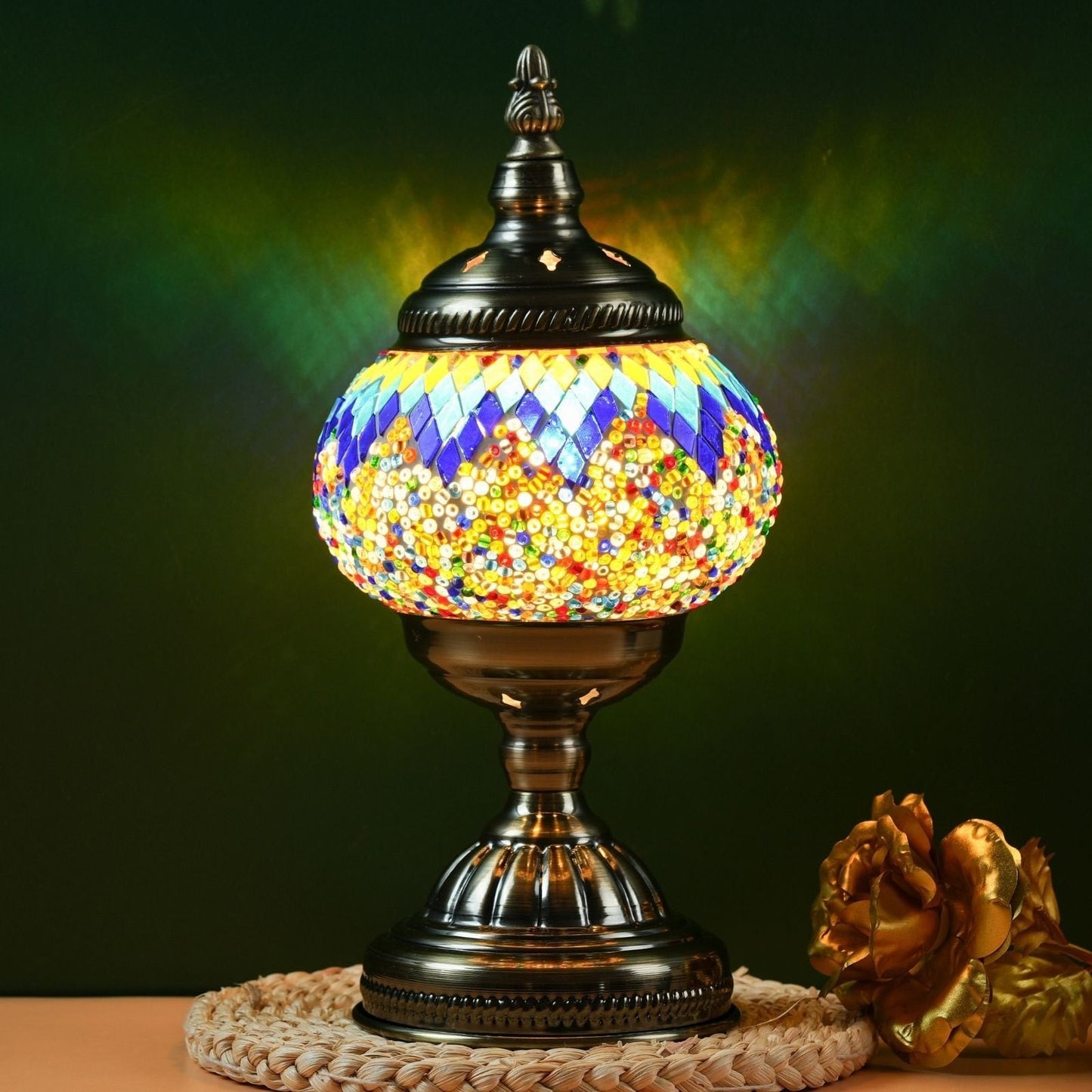Table Lamp with Mosaic Glass Globe, Metal Base, Seven Color or Pack Options and Three White-Light Modes