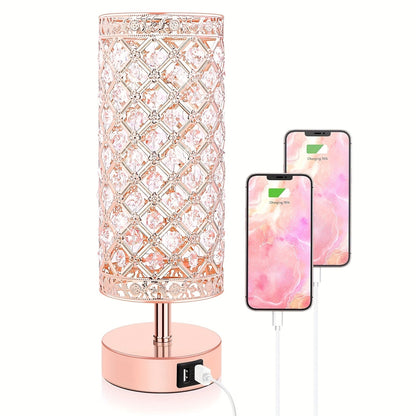 Crystal Bedside Table Lamp with Touch Control & 2 USB Charging Ports, 3-Way Dimmable Nightstand Lamp with Decorative Crystal Base, LED Bulb Included, for Bedroom Living Room Office