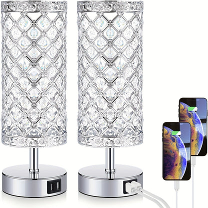 Crystal Bedside Table Lamp with Touch Control & 2 USB Charging Ports, 3-Way Dimmable Nightstand Lamp with Decorative Crystal Base, LED Bulb Included, for Bedroom Living Room Office