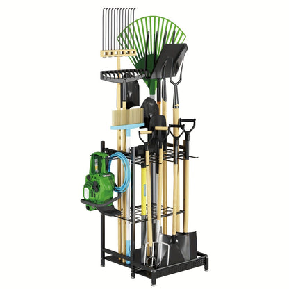 Garden Tool Organizer for Garage – Metal Yard Tool Storage Rack with Hooks & Wheels for Long-Handled Tools, Broom, Shovel, Rake, Mop – Heavy Duty Freestanding Tool Stand Holder, Black