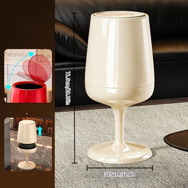 Wine Glass Shaped Trash Can Large Capacity Decorative Waste Bin with Press Pop Lid, No-Bend Standing Design, Luxury Stylish Dual-Bucket for Living Room Kitchen Bedroom Home Decor