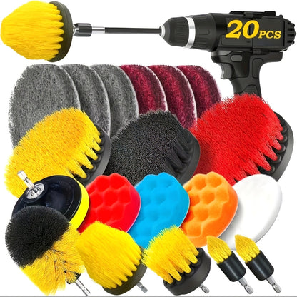 Twenty-Piece Drill Brush and Buffing Pad Kit with Scrub Heads, Sponges and Extension Rod in Yellow