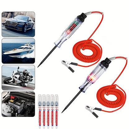 Two-Piece 6–24V Automotive Circuit Tester Pen Set with Coiled Leads, Probes and Alligator Clips