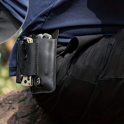 EDC Multitool Belt Holster with Clip, Loop and Pockets for Flashlight and Pen in Black or Brown