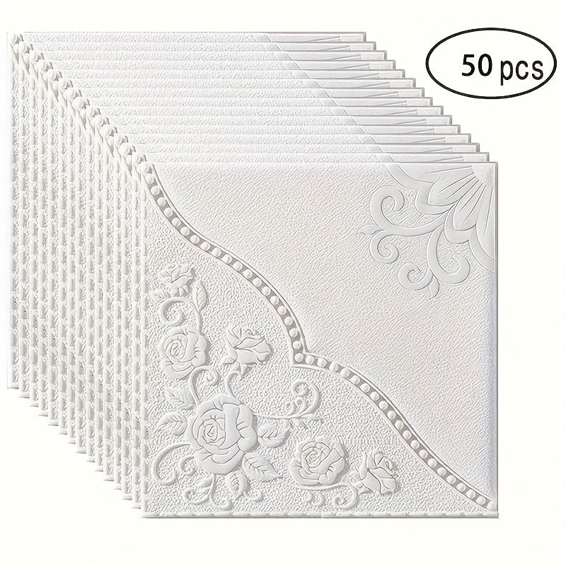 Fifty-Piece Embossed Floral-Curve Wall Tile Sticker Set with 35 cm Square Panels in Four Colors