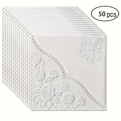 Fifty-Piece Embossed Floral-Curve Wall Tile Sticker Set with 35 cm Square Panels in Four Colors