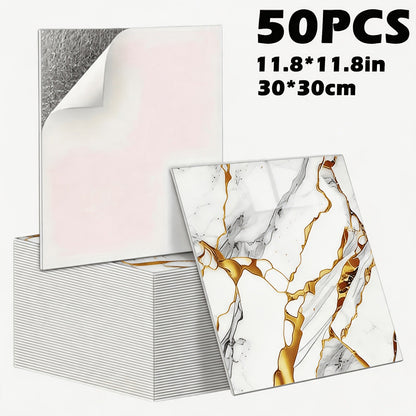 Peel and Stick Wall Tiles 50/100pcs - PVC Marble Self-Adhesive Vinyl Panels for Bathroom Shower Kitchen Living Room TV Backdrop