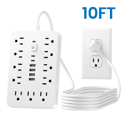 Extension Cord Power Strip with USB Ports 11 AC Outlets 4 USB-A 2 USB-C Surge Protector Overload Protection Short Cord 5FT 10FT for Home Office Study School Desk Charging Station White Black