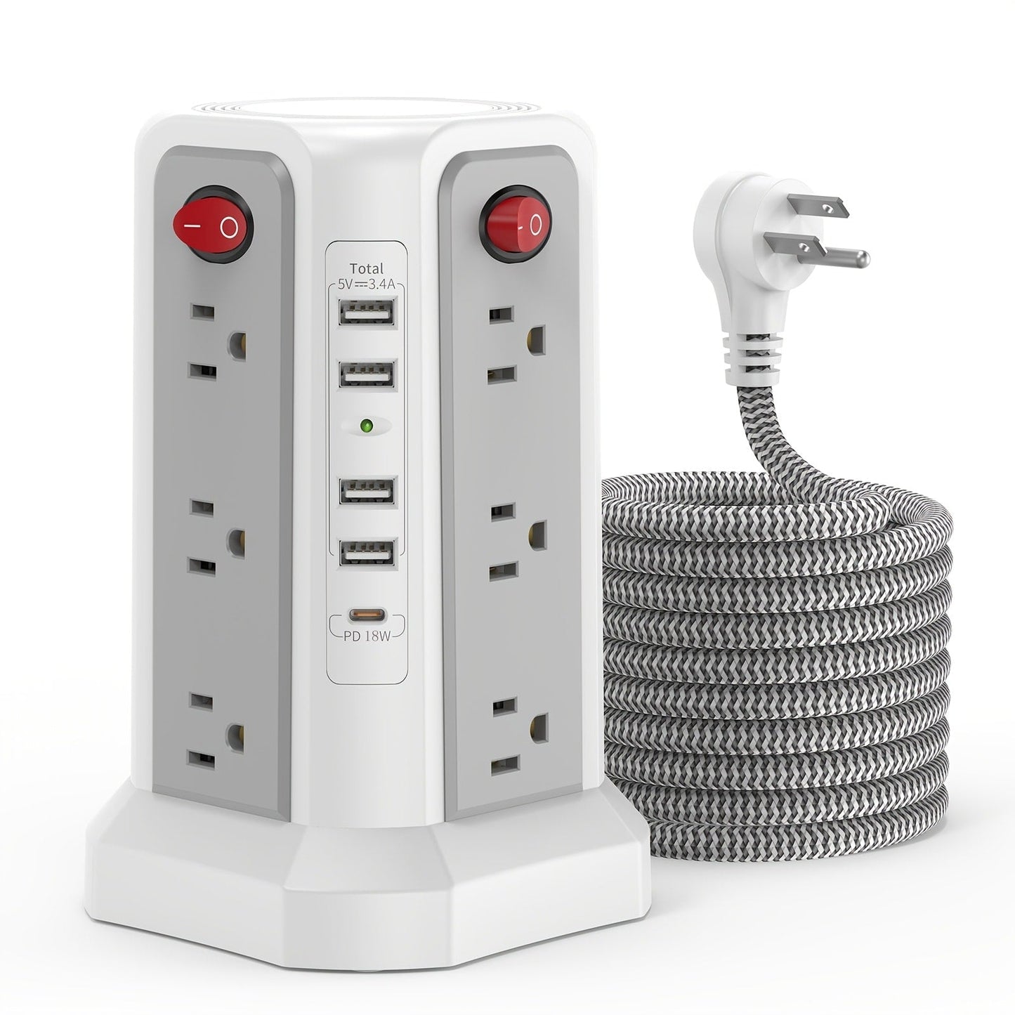 Power Strip Tower with 12–16 AC Outlets, 4 USB-A, PD 20W USB-C and 1500J Surge Protection for Home Office Charging