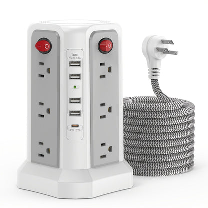 Power Strip Tower with 12–16 AC Outlets, 4 USB-A, PD 20W USB-C and 1500J Surge Protection for Home Office Charging