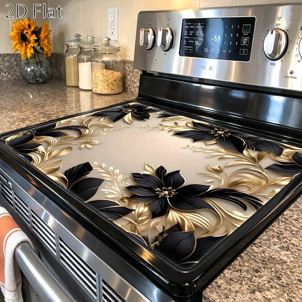 Black and Gold Floral Stove Protector Mat, 28.35 x 20.47 Inches with Beige Decorative Background