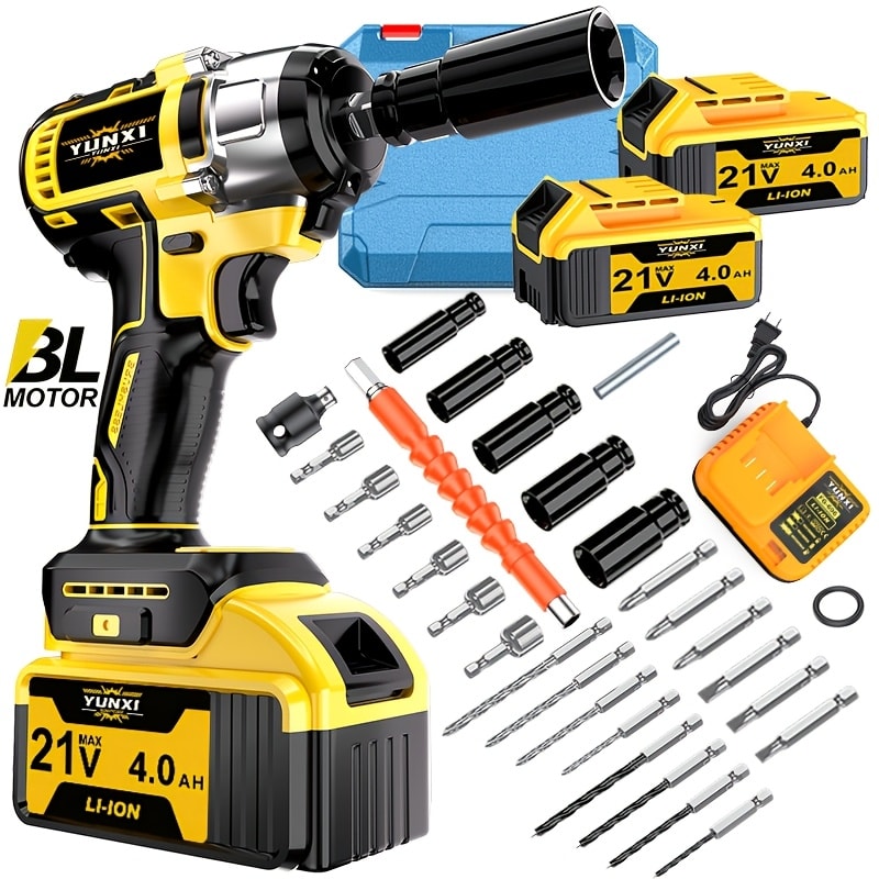 Power Tools YUNXI 21V Brushless Cordless Impact Wrench Kit with 4000mAh Battery and Configurable Accessories