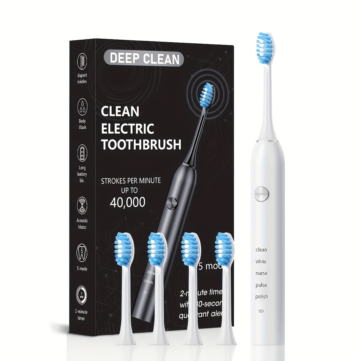 Electric Toothbrush with Five Modes, 40,000 Vibrations per Minute, Type-C Charging and Four or Eight Heads