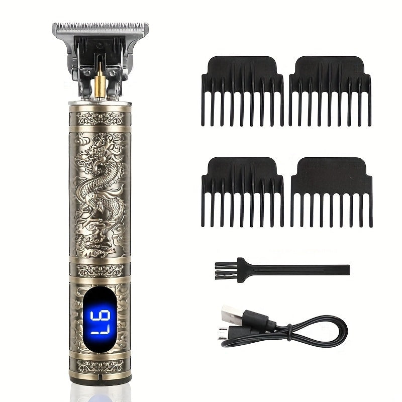 Hair Clipper Vintage T-Blade Cordless Trimmer with LCD Power Display and Dragon or Buddha Designs