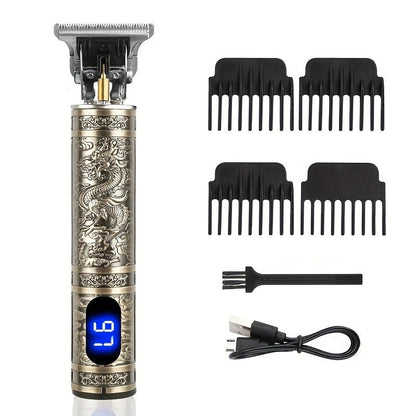 Hair Clipper Vintage T-Blade Cordless Trimmer with LCD Power Display and Dragon or Buddha Designs