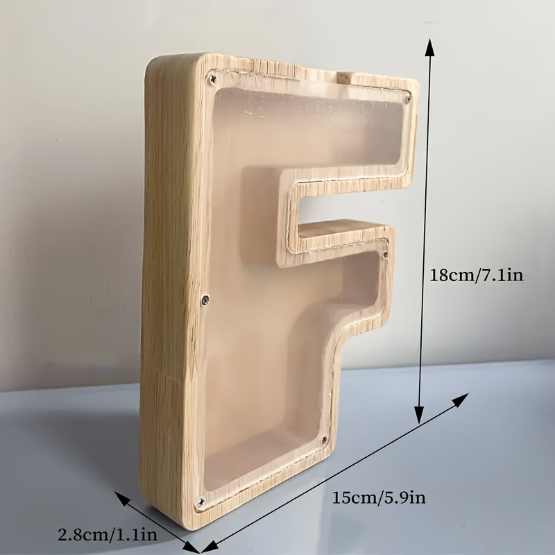 Wooden Alphabet Letter Coin Bank with Clear Front Panel, Top Slot and Eight Initial Options for Home Decor