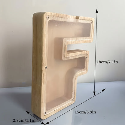 Wooden Alphabet Letter Coin Bank with Clear Front Panel, Top Slot and Eight Initial Options for Home Decor