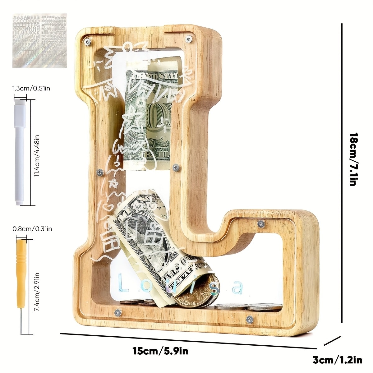 Alphabet Wooden Money Bank with Clear Front Panel, Coin Slot and A-to-Z Letter Options for Adults