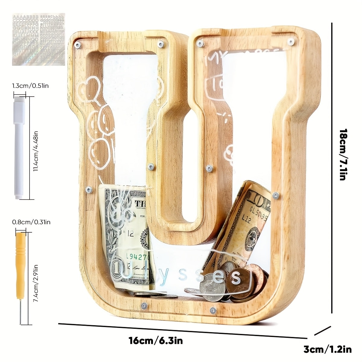 Alphabet Wooden Money Bank with Clear Front Panel, Coin Slot and A-to-Z Letter Options for Adults