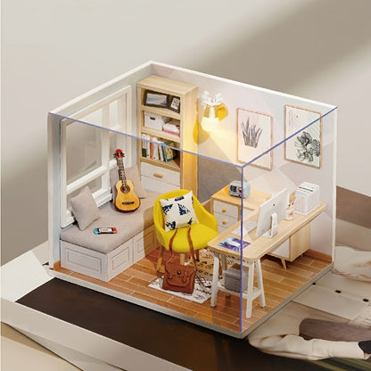 Sunshine Study DIY Miniature Room Kit with Desk, Sofa, Guitar and Clear Display Cover for Adult Shelf Decor
