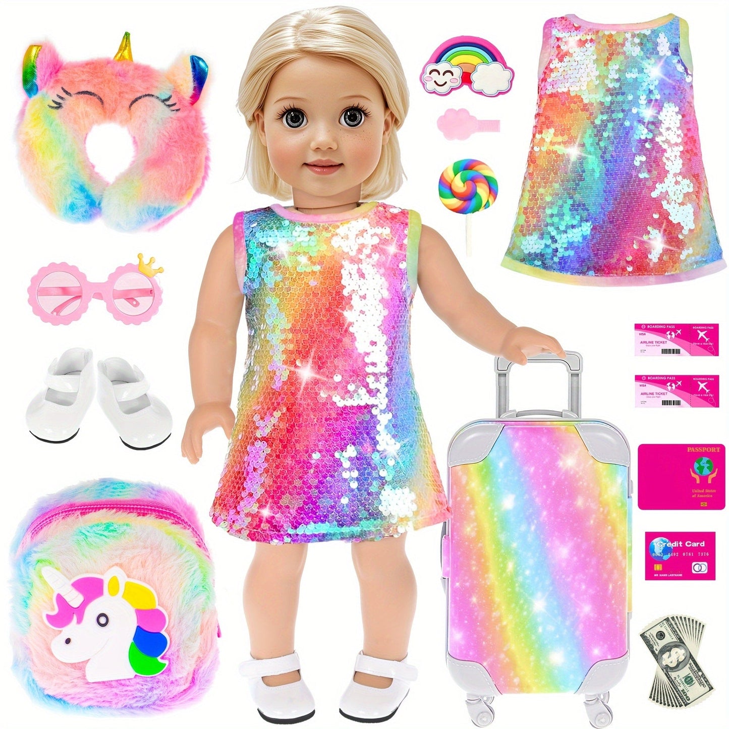 Twenty-Four-Piece Travel Accessory Set for 18-Inch Dolls with Rainbow Suitcase, Sequin Dress and Shoes