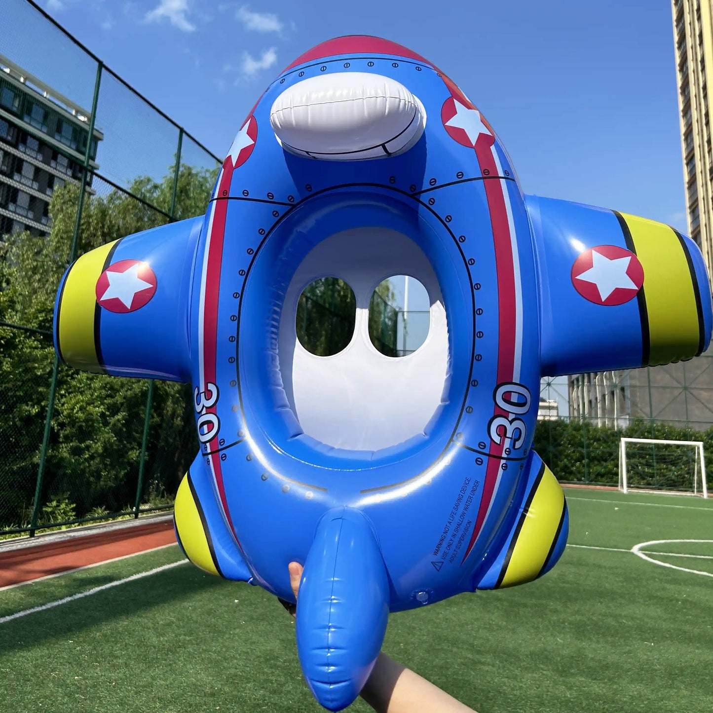 Airplane-Shaped Inflatable Pool Float with Blue Printed Body, Center Opening, Wings, Tail and 33.46-Inch Length