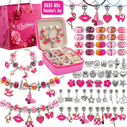 Bracelet Making Craft Kit with Portable Jewelry Box, Beads and Charms in Seven Color or Theme Options