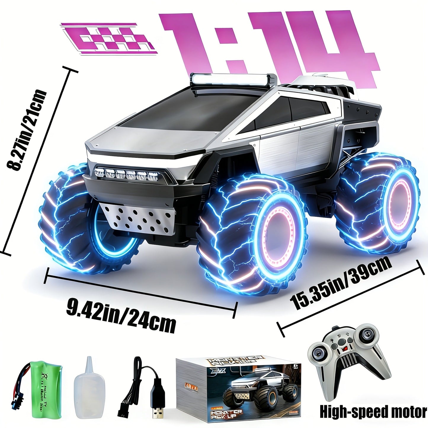 Remote Control Car, Cybertruck-Style 1:14 and 1:18 Pickup Models with 2.4GHz Control, LEDs and Spray Effect