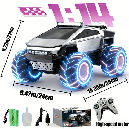 Remote Control Car, Cybertruck-Style 1:14 and 1:18 Pickup Models with 2.4GHz Control, LEDs and Spray Effect
