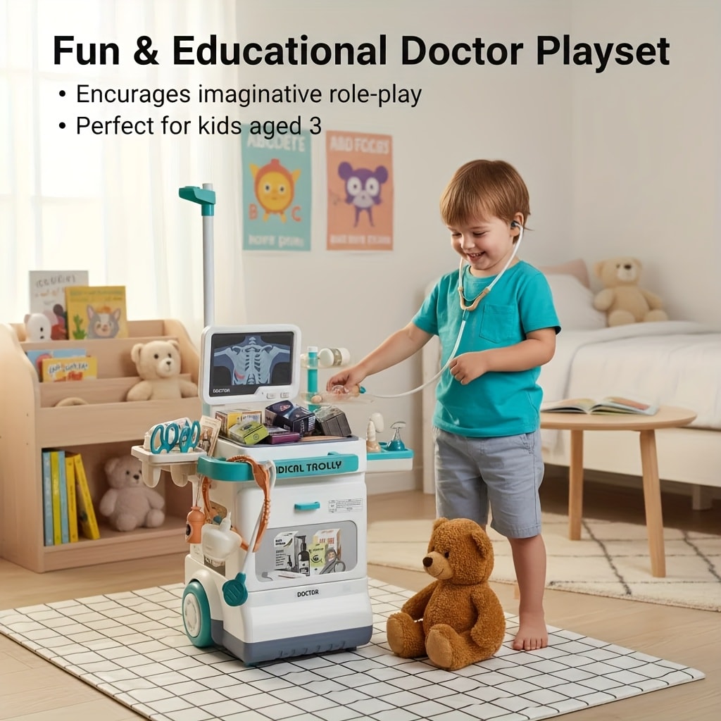 25-Piece Pretend Doctor Cart Play Set with Fold-Open Case, Display Panel and Toy Examination Accessories