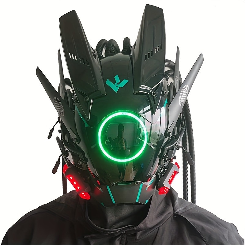 LED Braided Cyberpunk Costume Helmet with Circular Face Light and Blue, Green or Pink Accent Styles